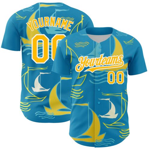 3DPattern2663 Custom Panther Blue Gold-White 3D Pattern Design Sailing Boats Authentic Baseball Jersey