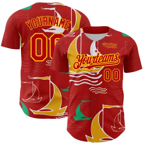 3DPattern2666 Custom Red Gold 3D Pattern Design Sailing Boats Authentic Baseball Jersey