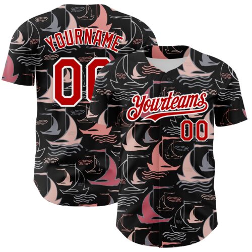 3DPattern2668 Custom Black Red-White 3D Pattern Design Sailing Boats Authentic Baseball Jersey