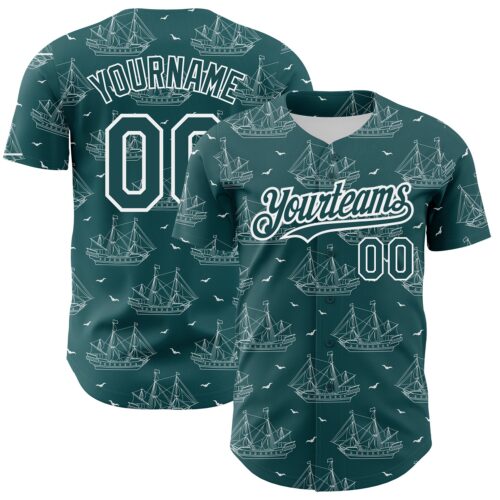3DPattern2669_74b4fa11-26c6-44e0-8f4f-a04189ffafe7 Custom Midnight Green White 3D Pattern Design Ship Frigate With Seagulls Authentic Baseball Jersey