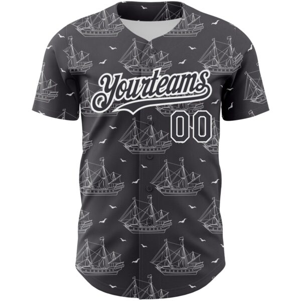 Custom Steel Gray White 3D Pattern Design Ship Frigate With Seagulls Authentic Baseball Jersey
