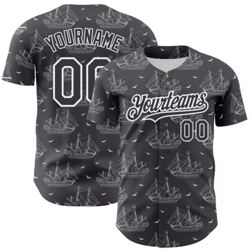 3DPattern2670_cf98b6ce-e2d6-4ff7-b93e-d077d858b073 Custom Steel Gray White 3D Pattern Design Ship Frigate With Seagulls Authentic Baseball Jersey