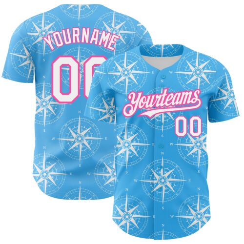 3DPattern2678 Custom Sky Blue White-Pink 3D Pattern Design Navigation Compass Authentic Baseball Jersey