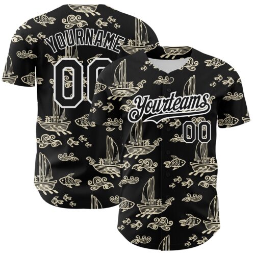3DPattern2685 Custom Black White 3D Pattern Design Boats And Fish Authentic Baseball Jersey