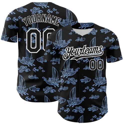 3DPattern2686 Custom Black White-Light Blue 3D Pattern Design Boats And Fish Authentic Baseball Jersey