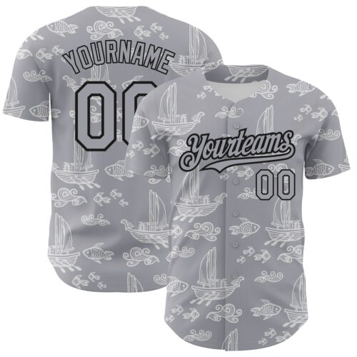 3DPattern2688 Custom Gray Black 3D Pattern Design Boats And Fish Authentic Baseball Jersey