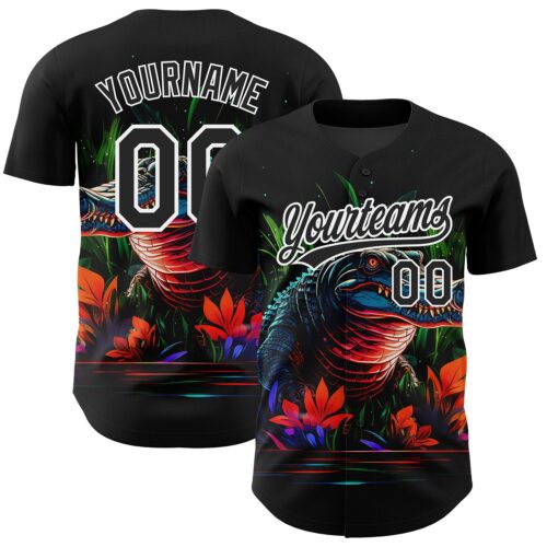 3DPattern2695 Custom Black White 3D Pattern Design Neon Crocodile Authentic Baseball Jersey