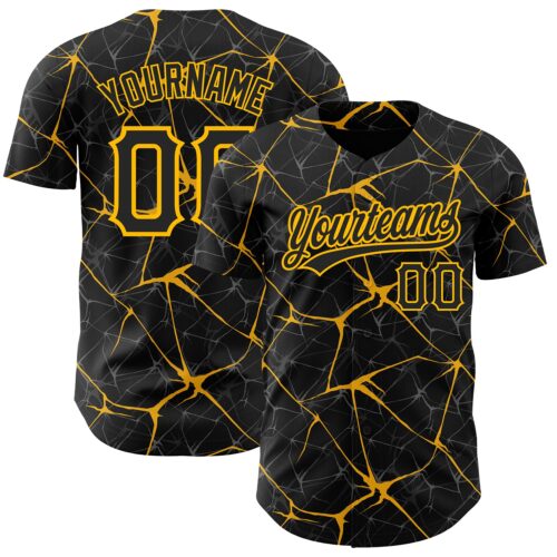 3DPattern2709 Custom Black Gold 3D Pattern Design Abstract Network Authentic Baseball Jersey