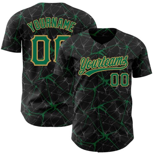 3DPattern2714 Custom Black Kelly Green-Old Gold 3D Pattern Design Abstract Network Authentic Baseball Jersey