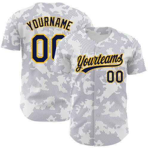 3DPattern2742 Custom White Navy-Gold 3D Pattern Design Curve Lines Authentic Baseball Jersey