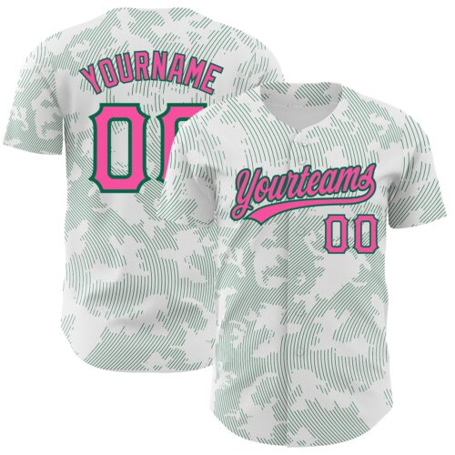 3DPattern2755 Custom White Pink-Kelly Green 3D Pattern Design Curve Lines Authentic Baseball Jersey