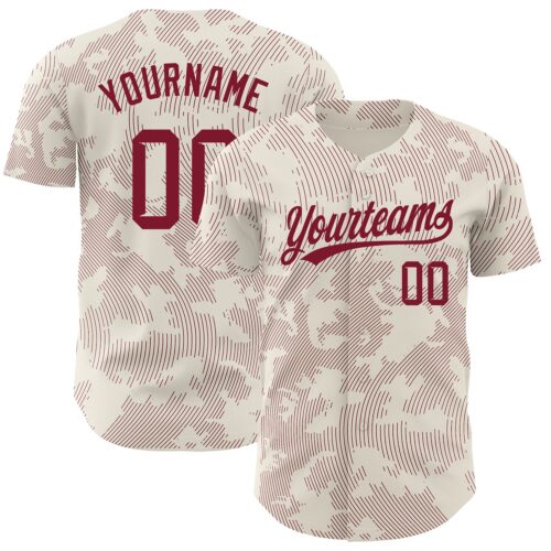 3DPattern2759 Custom Cream Crimson 3D Pattern Design Curve Lines Authentic Baseball Jersey