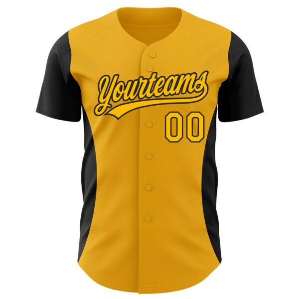 Custom Gold Black 3D Pattern Design Side Panel Stripes Authentic Baseball Jersey