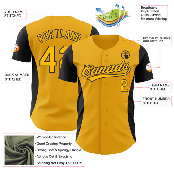 Custom Gold Black 3D Pattern Design Side Panel Stripes Authentic Baseball Jersey