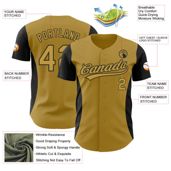 Custom Old Gold Black 3D Pattern Design Side Panel Stripes Authentic Baseball Jersey