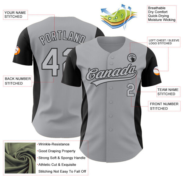 Custom Gray Black 3D Pattern Design Side Panel Stripes Authentic Baseball Jersey