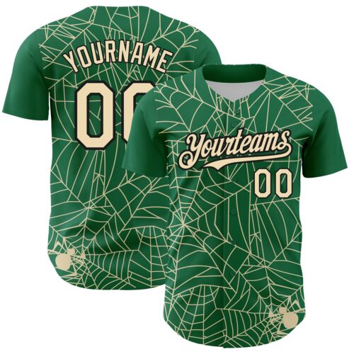 3DPattern2827 Custom Kelly Green Cream-Black 3D Pattern Design Spider Web Authentic Baseball Jersey