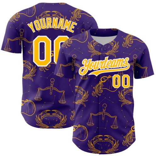 3DPattern2836 Custom Purple Gold-White 3D Pattern Design Zodiac Authentic Baseball Jersey