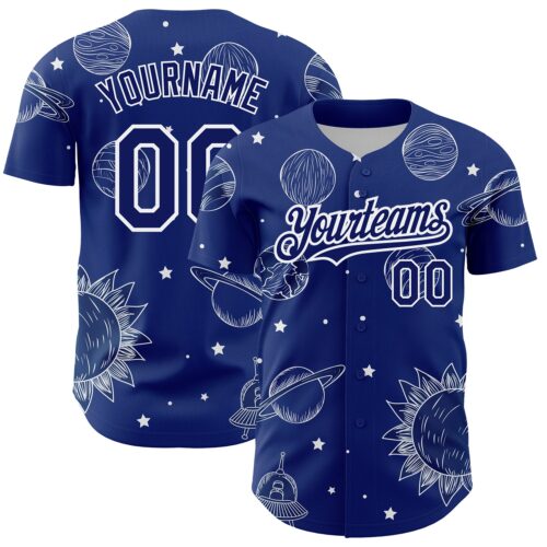 3DPattern2839 Custom Royal White 3D Pattern Design Planets Authentic Baseball Jersey