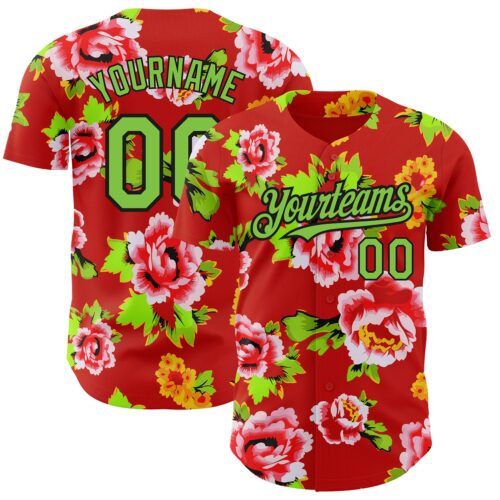 3DPattern2878 Custom Red Neon Green-Black 3D Pattern Design Northeast China Big Flower Authentic Baseball Jersey