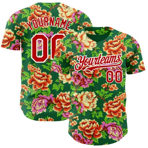 3DPattern2879 Custom Kelly Green Red-White 3D Pattern Design Northeast China Big Flower Authentic Baseball Jersey