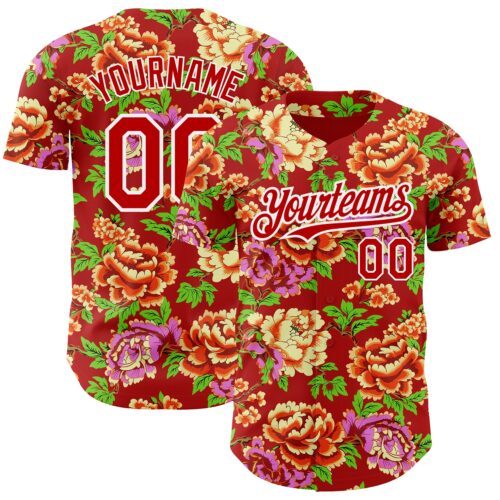 3DPattern2880 Custom Red White 3D Pattern Design Northeast China Big Flower Authentic Baseball Jersey