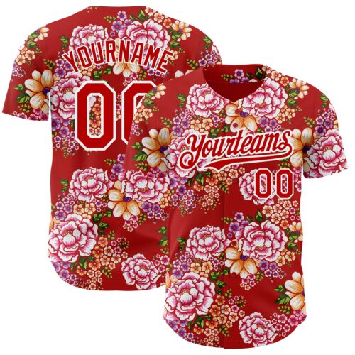 3DPattern2884 Custom Red White 3D Pattern Design Northeast China Big Flower Authentic Baseball Jersey