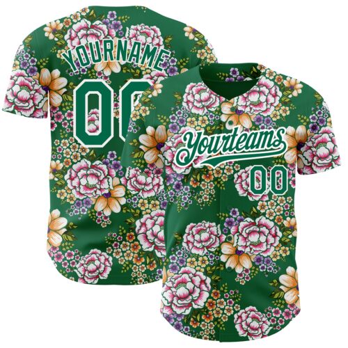 3DPattern2886 Custom Kelly Green White 3D Pattern Design Northeast China Big Flower Authentic Baseball Jersey