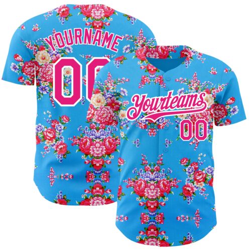 3DPattern2889 Custom Electric Blue Hot Pink-White 3D Pattern Design Northeast China Big Flower Authentic Baseball Jersey