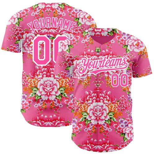 3DPattern2893 Custom Neon Pink Pink-White 3D Pattern Design Northeast China Big Flower Authentic Baseball Jersey