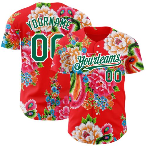 3DPattern2894 Custom Red Kelly Green-White 3D Pattern Design Northeast China Big Flower Authentic Baseball Jersey