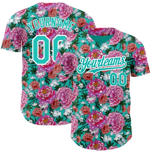 3DPattern2897 Custom Pink Aqua-White 3D Pattern Design Northeast China Big Flower Authentic Baseball Jersey