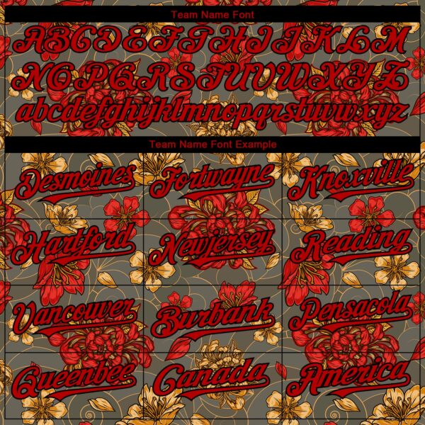 Custom Olive Red-Black 3D Pattern Design Northeast China Big Flower Authentic Baseball Jersey