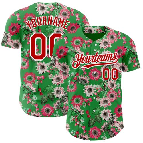 3DPattern2906 Custom Grass Green Red-White 3D Pattern Design Northeast China Big Flower Authentic Baseball Jersey