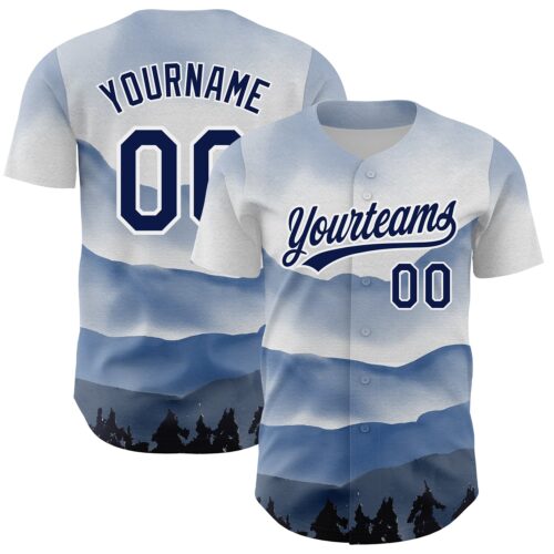 3DPattern3526 Custom White Navy 3D Pattern Design Watercolor Mountains Authentic Baseball Jersey