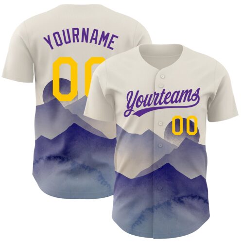 3DPattern3527 Custom Cream Yellow-Purple 3D Pattern Design Watercolor Mountains Authentic Baseball Jersey
