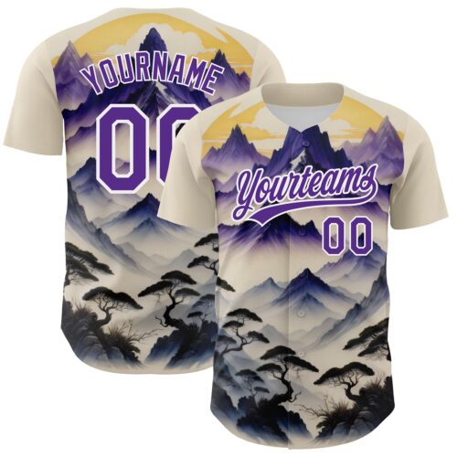 3DPattern3536 Custom White Purple 3D Pattern Design Mountains Landscape Authentic Baseball Jersey