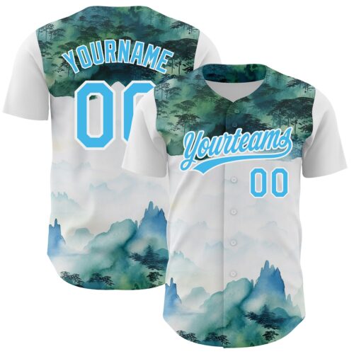 3DPattern3538 Custom White Sky Blue 3D Pattern Design Mountains Landscape Authentic Baseball Jersey