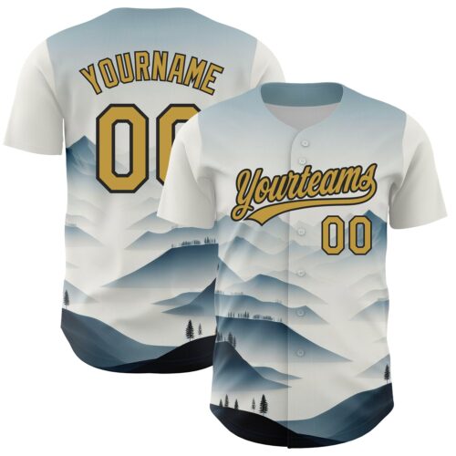 3DPattern3540 Custom White Old Gold-Black 3D Pattern Design Mountains Landscape Authentic Baseball Jersey