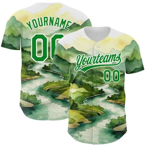 3DPattern3541 Custom White Grass Green 3D Pattern Design Mountains Landscape Authentic Baseball Jersey