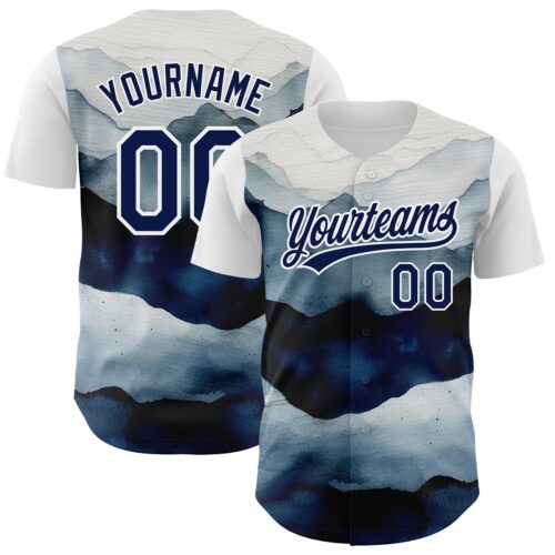 3DPattern3542 Custom White Navy 3D Pattern Design Watercolor Mountains Authentic Baseball Jersey