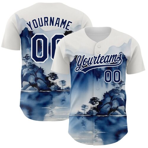 3DPattern3543 Custom White Navy 3D Pattern Design Abstract Watercolor Mountains Authentic Baseball Jersey