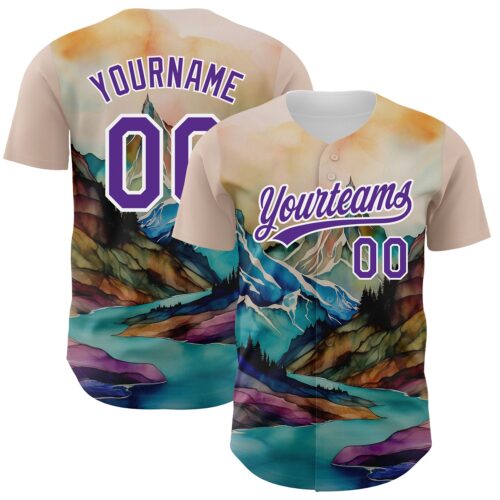 3DPattern3545 Custom White Purple 3D Pattern Design Mountains Landscape Authentic Baseball Jersey