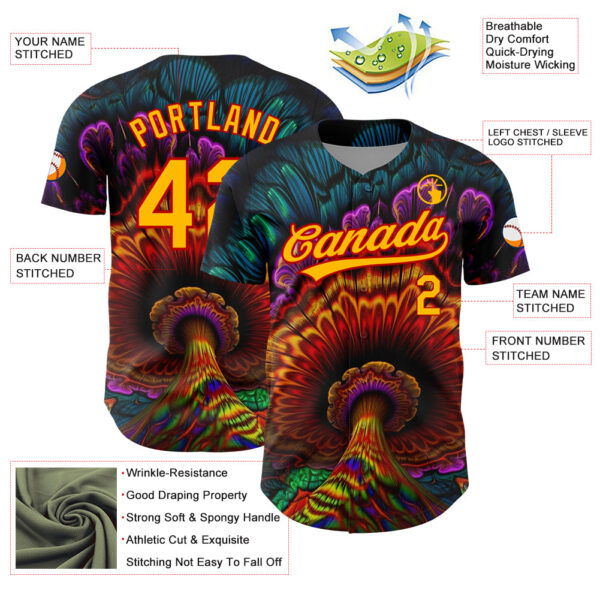 Custom Black Gold-Red 3D Pattern Design Peacock With Feather Authentic Baseball Jersey
