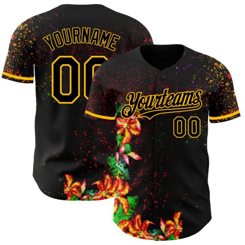 3DPattern3569 Custom Black Gold 3D Pattern Design Holi Festival Color Powder Authentic Baseball Jersey