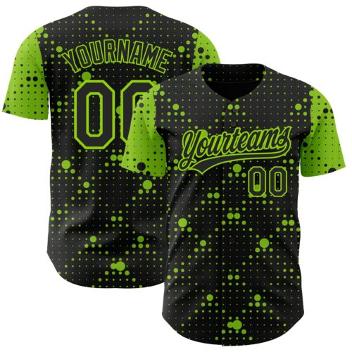 3DPattern3661 Custom Black Neon Green 3D Pattern Design Geometric Halftone Dots Authentic Baseball Jersey