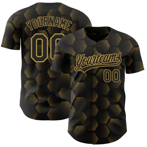 3DPattern3668 Custom Black Old Gold 3D Pattern Design Halftone Geometric Shapes Authentic Baseball Jersey