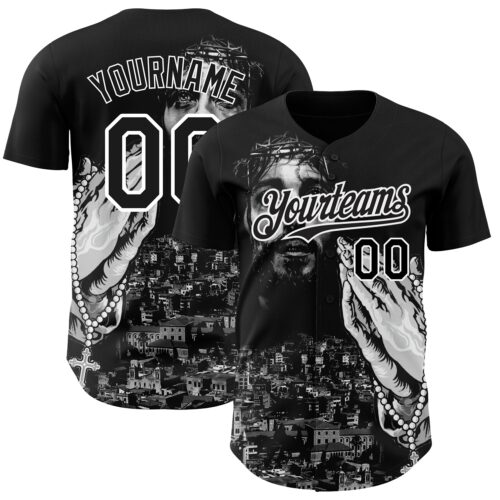 3DPattern3685 Custom Black White 3D Pattern Design Religion Jesus Christ Authentic Baseball Jersey