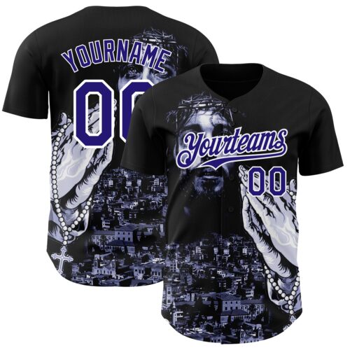 3DPattern3686 Custom Black Purple-White 3D Pattern Design Religion Jesus Christ Authentic Baseball Jersey
