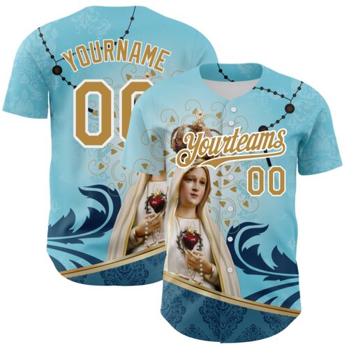 3DPattern3688 Custom Teal Old Gold-White 3D Pattern Design Religion Virgin Mary Authentic Baseball Jersey